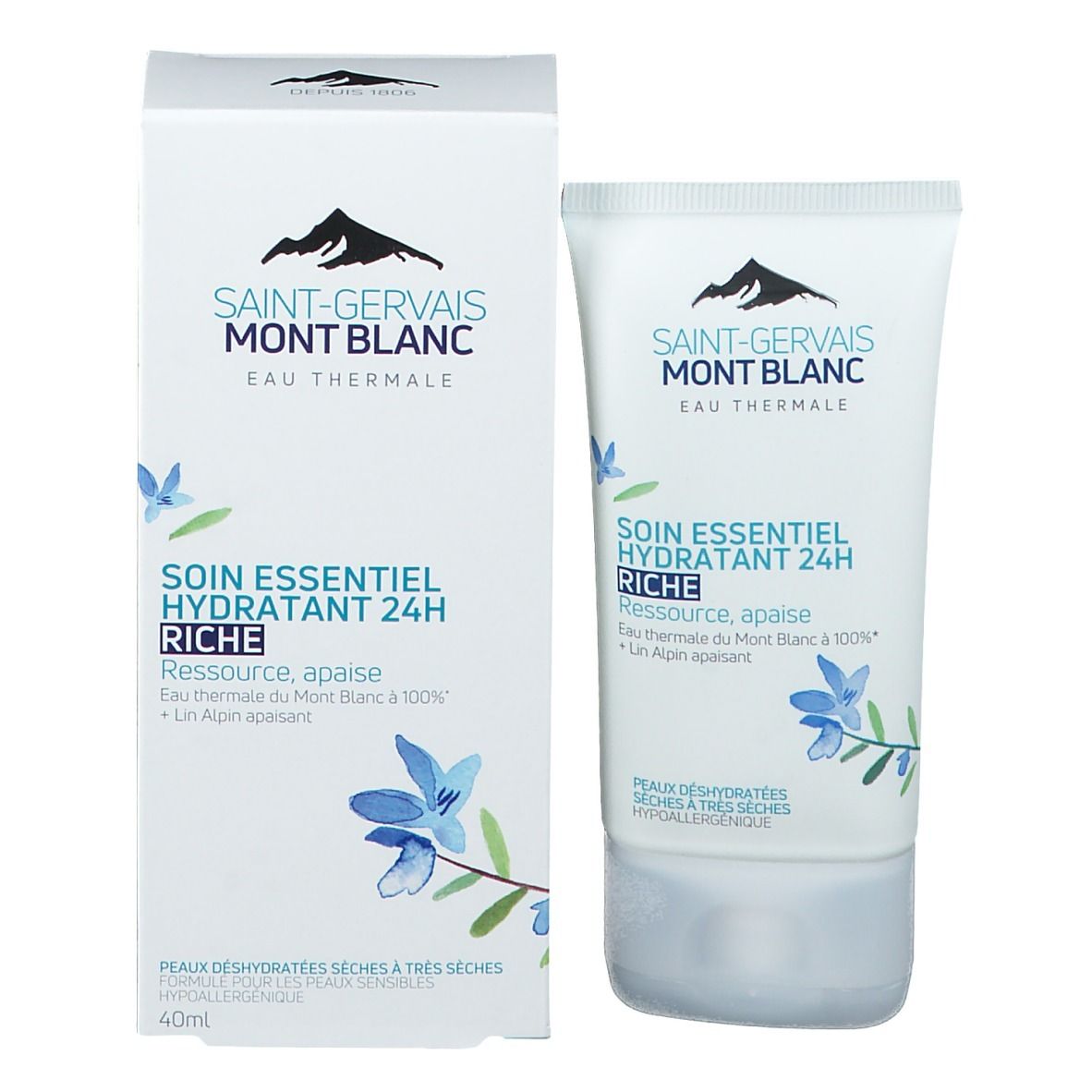 Emballage produit avec tube. Boîte et tube avec logo et nom du produit. Texte : Soin Essentiel Hydratant 24H Riche. Pour peaux sèches.