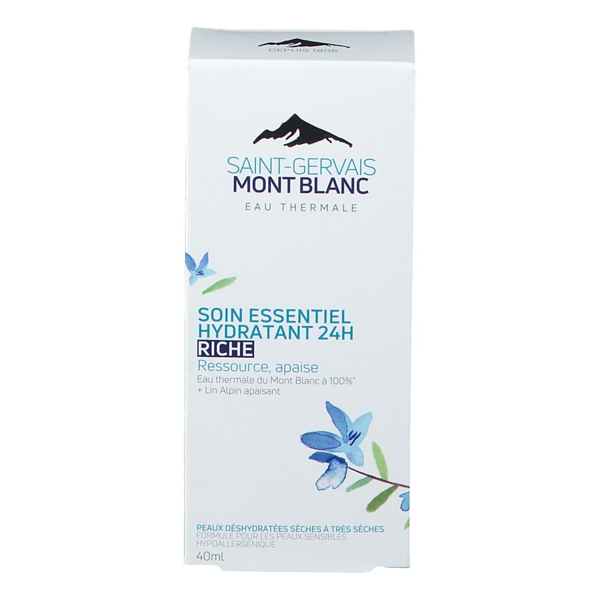 Emballage produit. Boîte avec logo et nom du produit. Texte : Soin Essentiel Hydratant 24H Riche. Pour peaux sèches. 40ml.