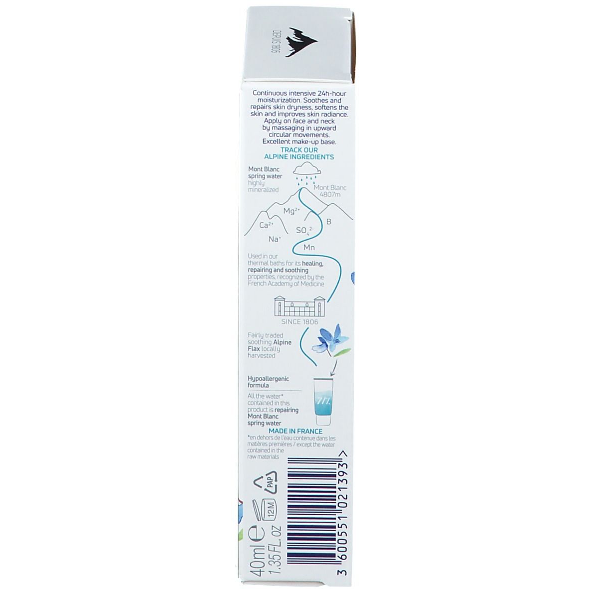 Dos de l'emballage produit. Texte : Ingrédients, instructions d'utilisation, informations fabricant. Fabriqué en France. 40ml.