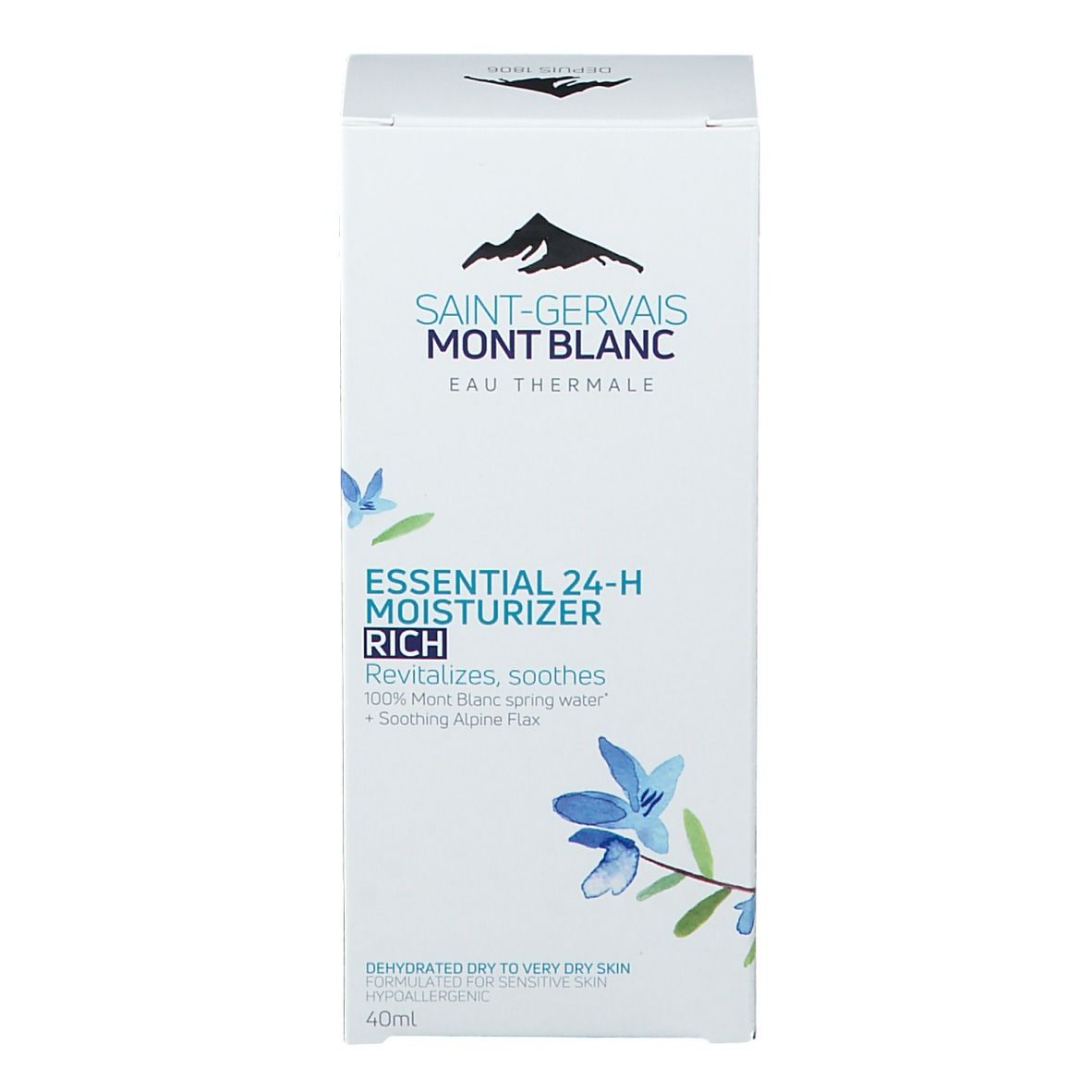Emballage produit. Boîte avec logo et nom du produit. Texte : Essential 24-H Moisturizer Rich. Pour peaux sèches. 40ml.