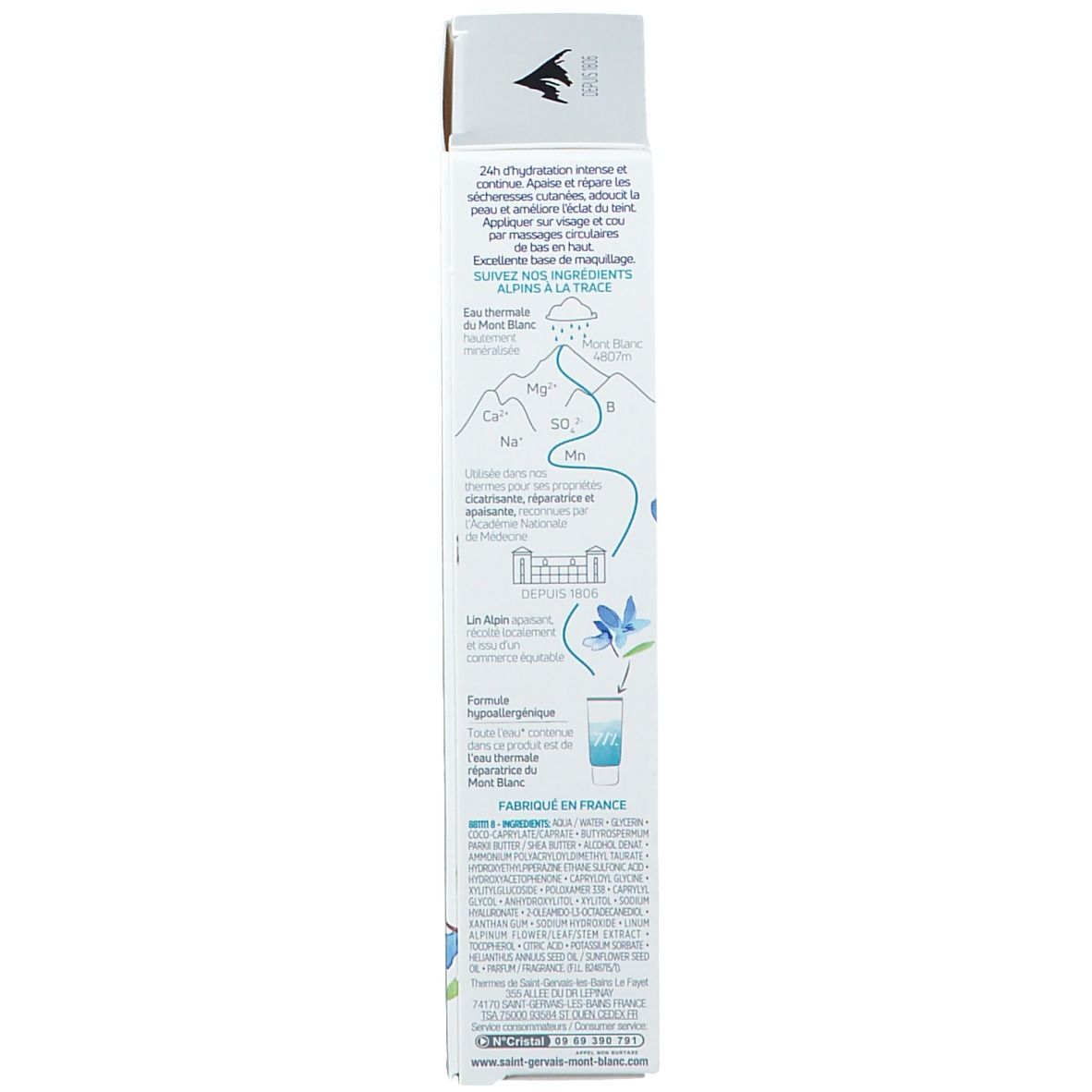 Dos de l'emballage produit. Texte : Ingrédients, instructions d'utilisation, informations fabricant. Fabriqué en France. 40ml.