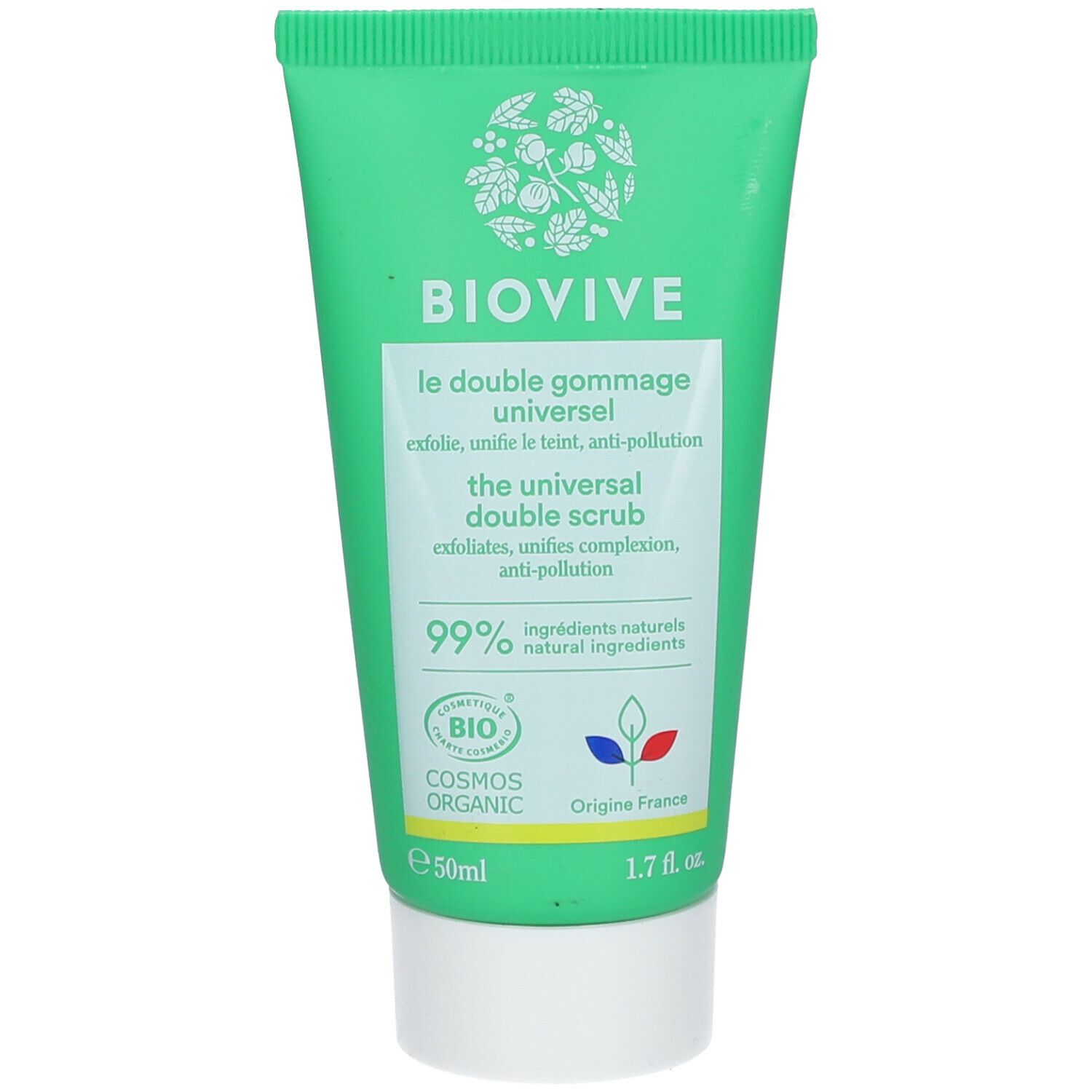 Groene tube BIOVIVE met tekst "le double gommage universel". COSMOS ORGANIC-certificering. 1.7 fl. oz.
