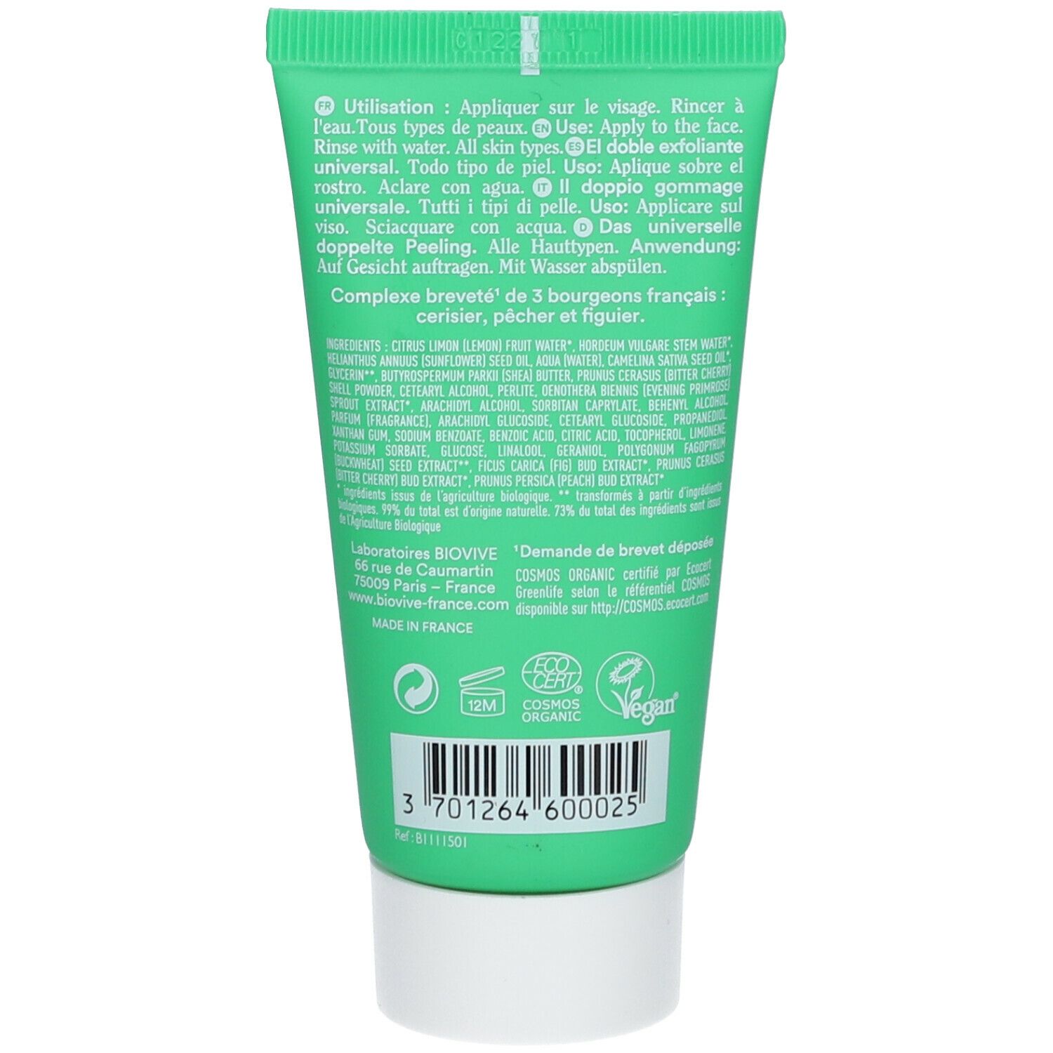 Achterkant van de groene BIOVIVE-tube. Tekst met instructies en ingrediënten. COSMOS ORGANIC-logo en Vegan-label.