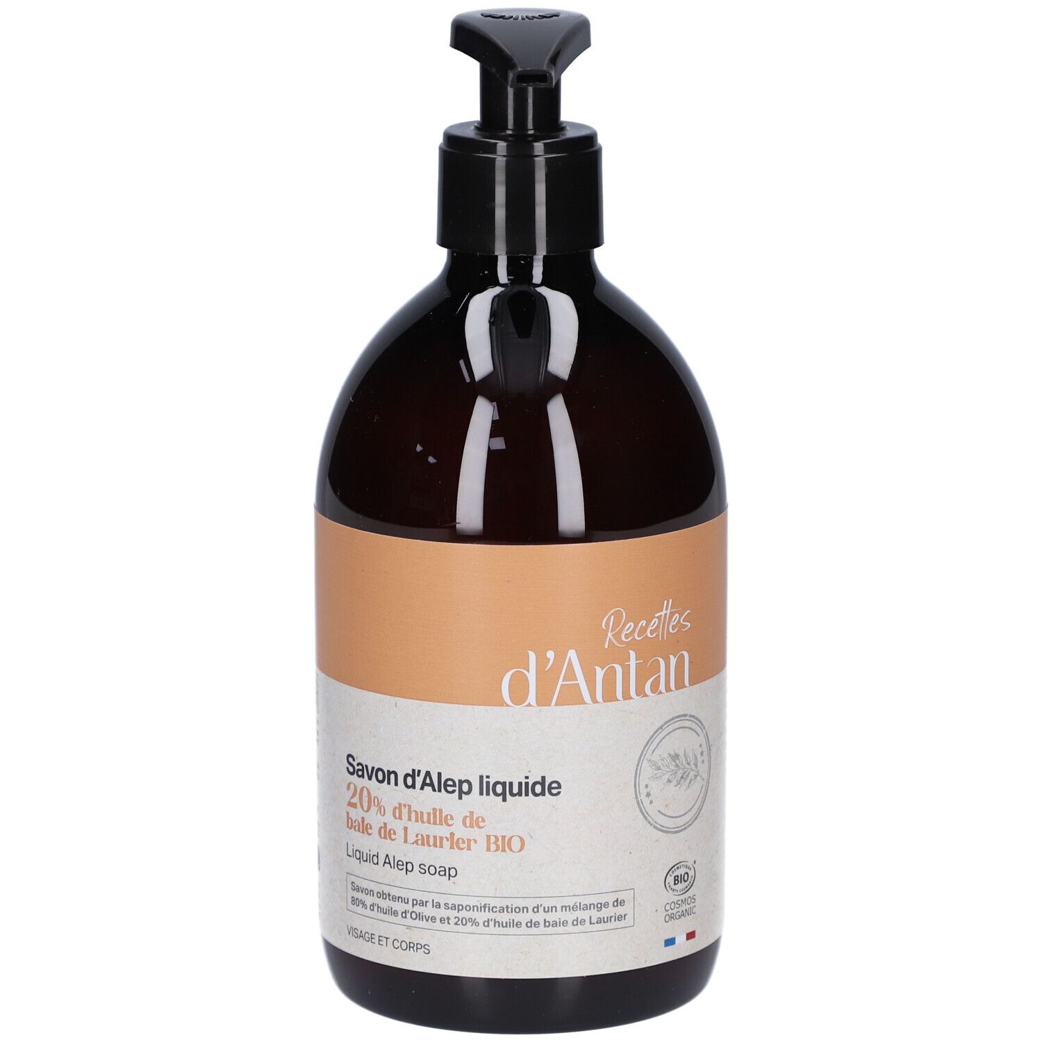 Flacon brun avec pompe noire. Étiquette avec texte: Savon d'Alep liquide, 20% d'huile de Laurier BIO. Certification bio.