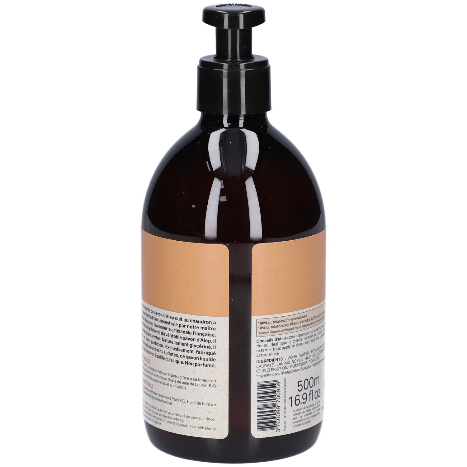 Vue arrière du flacon brun avec pompe noire. Étiquette avec texte. Volume: 500ml/16.9 fl oz. Certification bio.