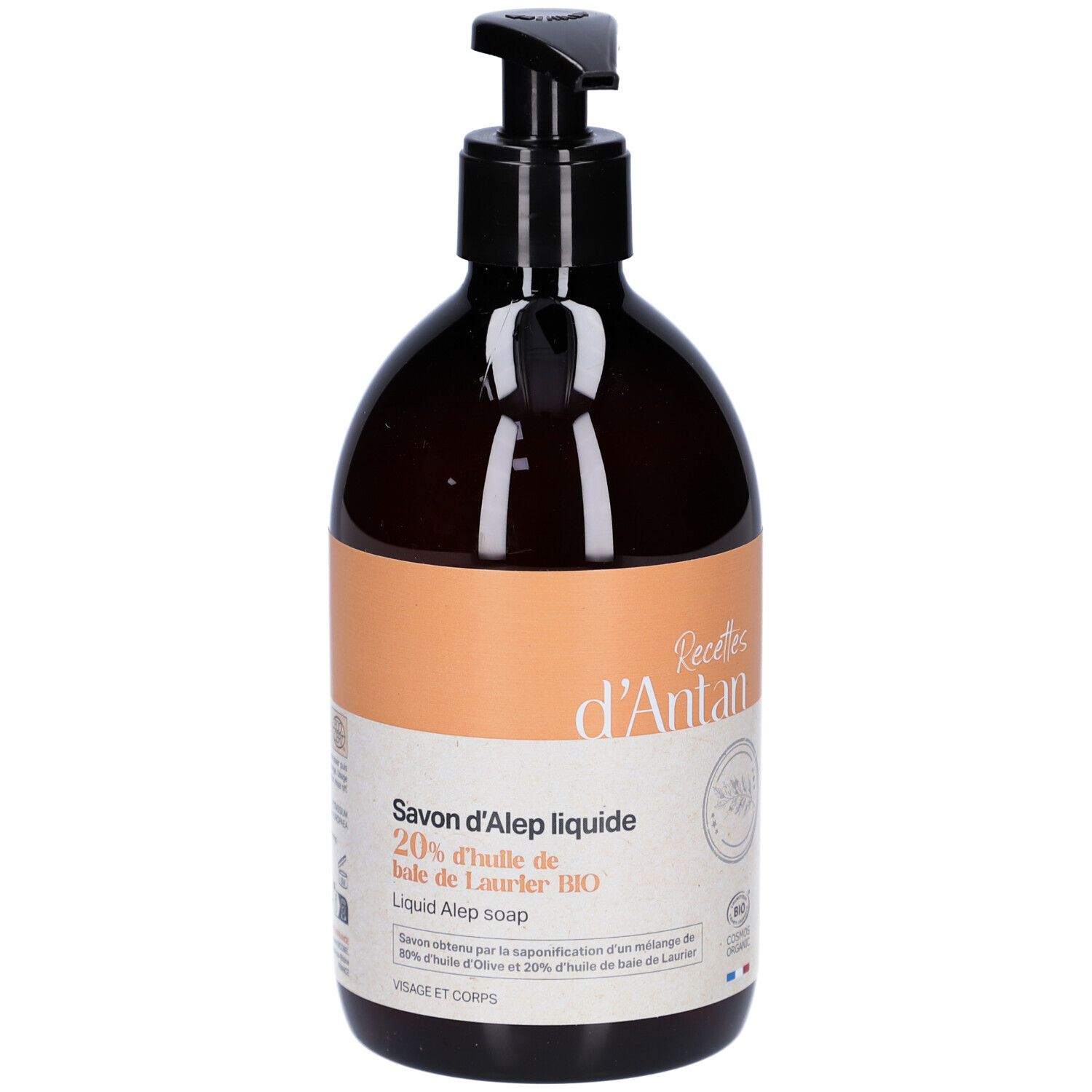 Flacon brun avec pompe noire. Étiquette avec texte: Savon d'Alep liquide, 20% d'huile de Laurier BIO. Certification bio.