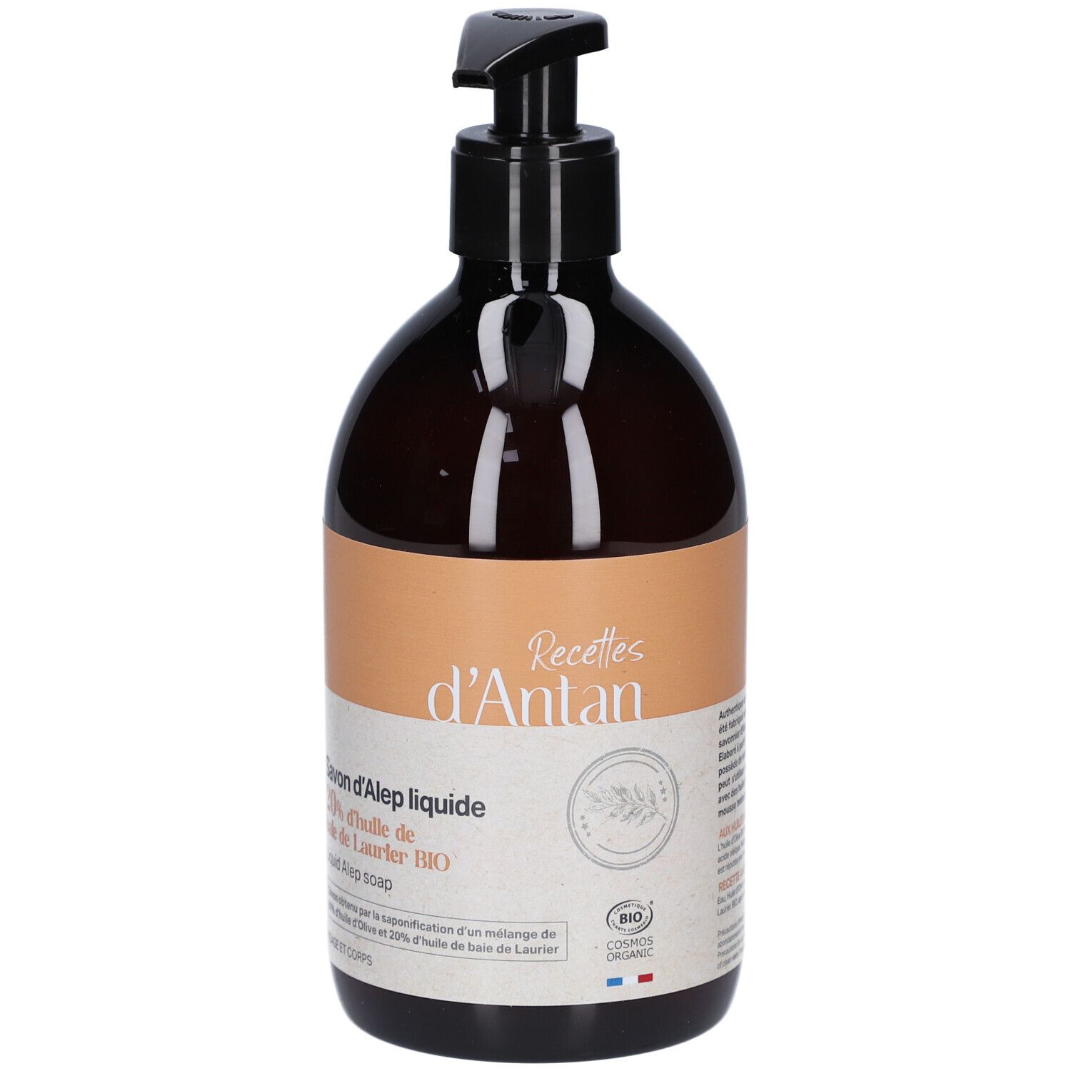 Flacon brun avec pompe noire. Étiquette avec texte: Savon d'Alep liquide, 20% d'huile de Laurier BIO. Certification bio.