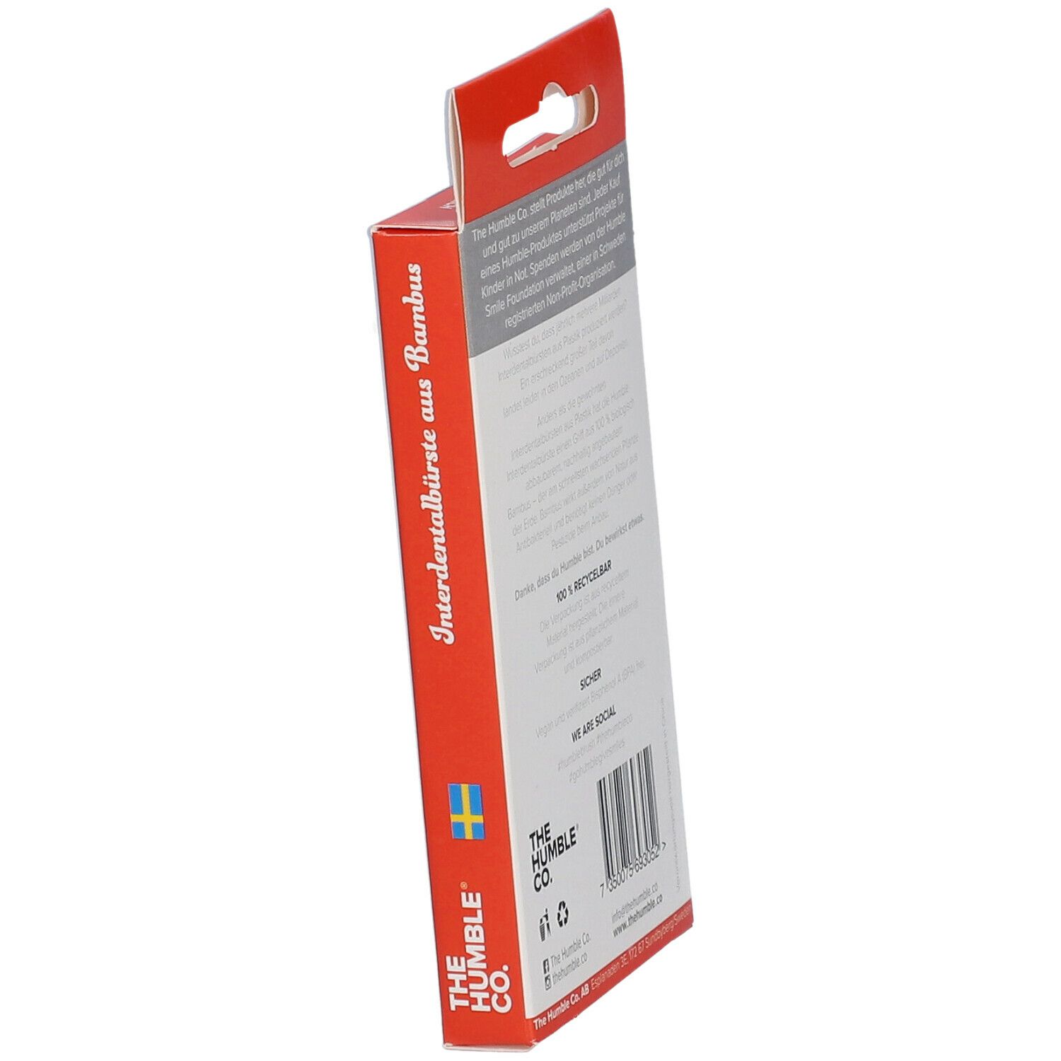 Zijaanzicht van de verpakking met tandenstokers. Tekst: Tandenstoker van bamboe, 0,50 mm.