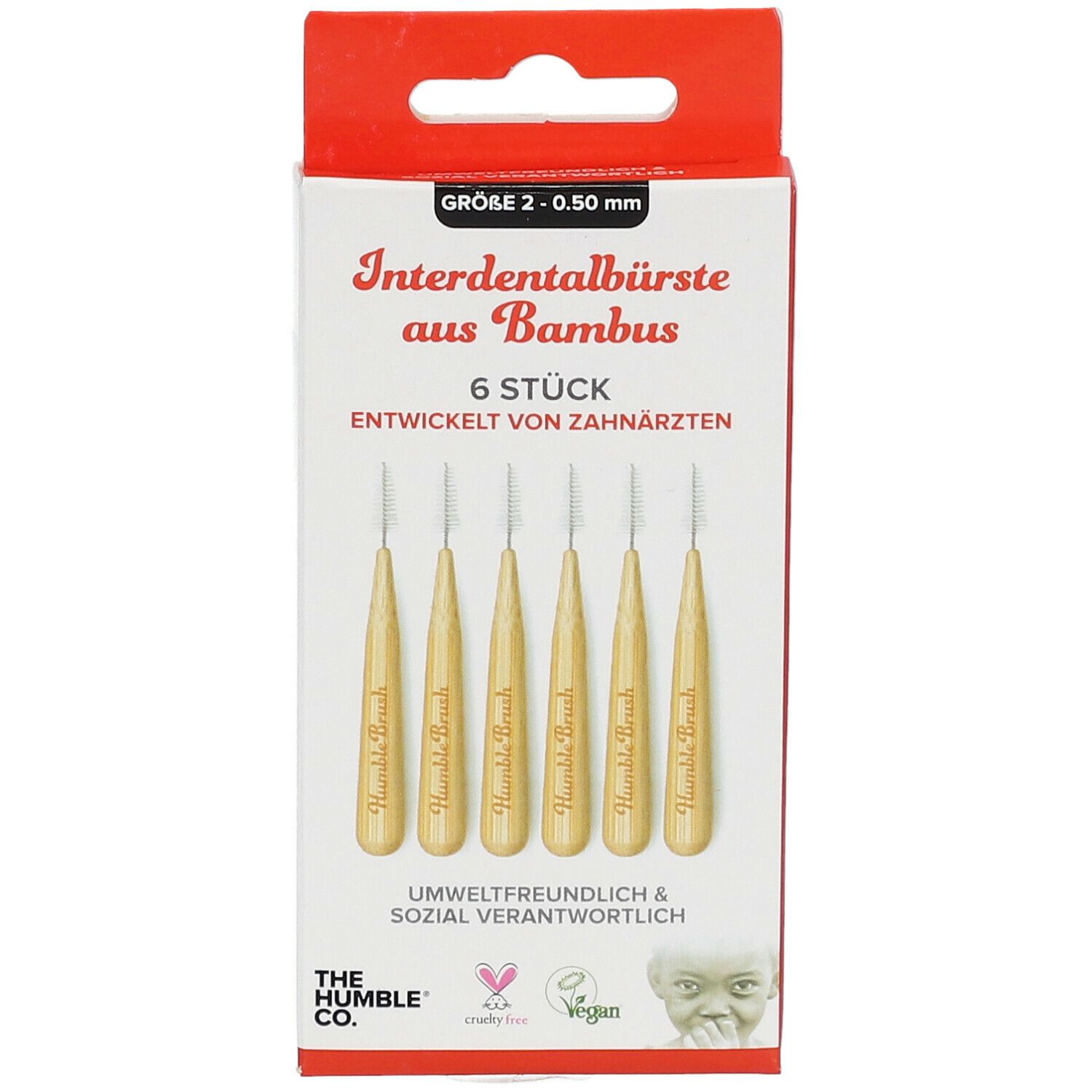 Verpakking met 6 bamboe tandenstokers. Maat 2, 0,50 mm. Ontwikkeld door tandartsen.