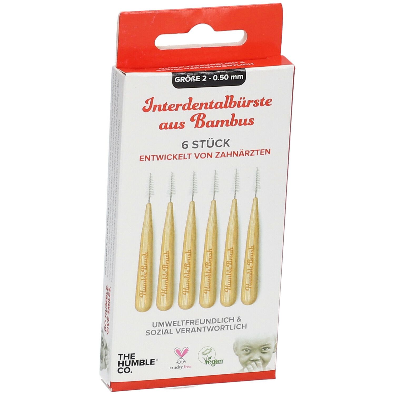 Verpakking met 6 bamboe tandenstokers. Maat 2, 0,50 mm. Ontwikkeld door tandartsen.