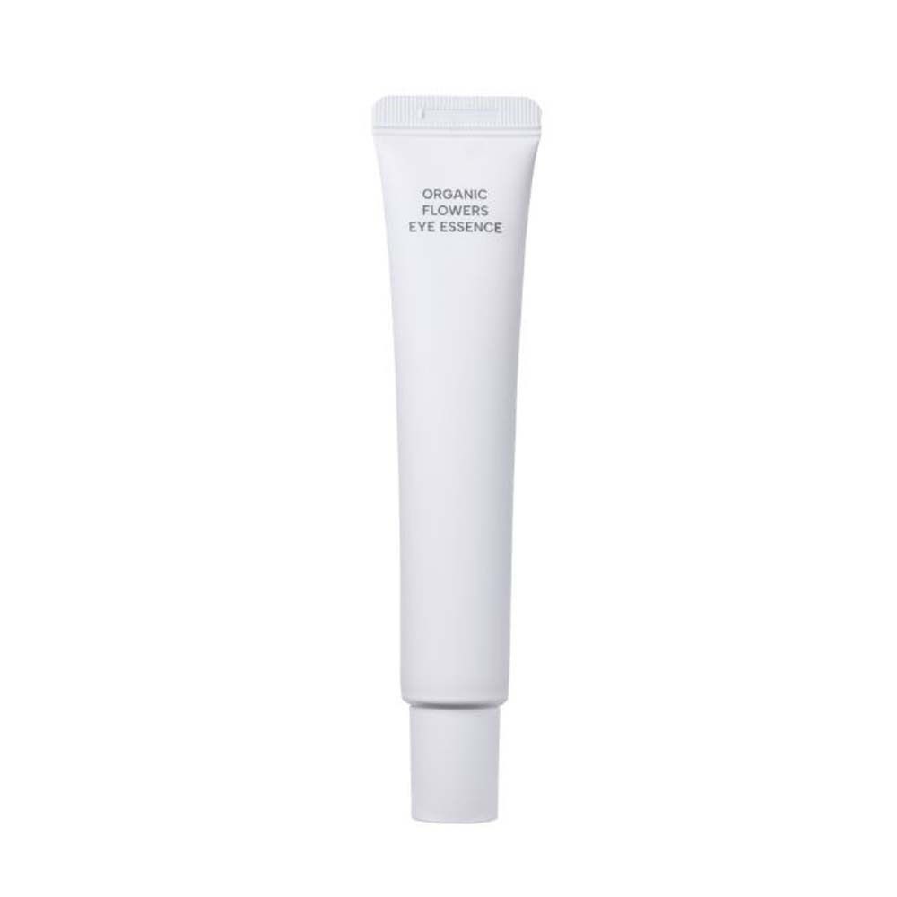 Tube blanc avec inscription ORGANIC FLOWERS EYE ESSENCE. Produit pour le contour des yeux.