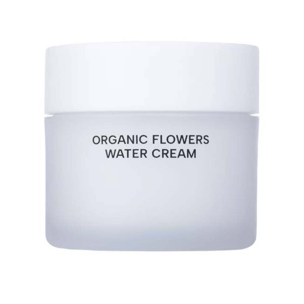 Pot blanc avec couvercle. Inscription: ORGANIC FLOWERS WATER CREAM.
