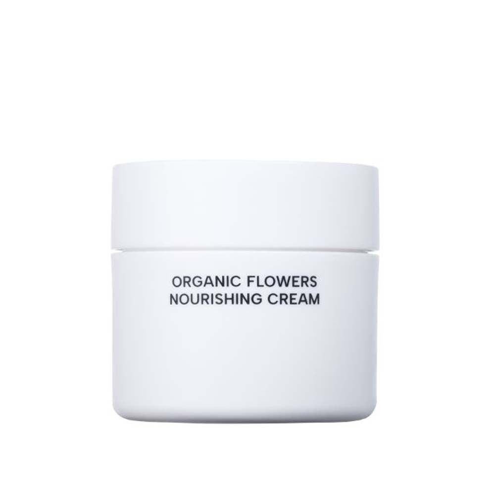 Pot blanc avec couvercle. Inscription: ORGANIC FLOWERS NOURISHING CREAM.