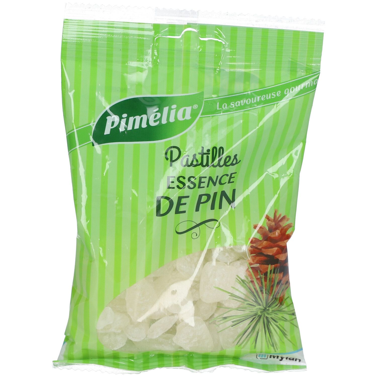 Sachet vert "Pimélia Pastilles Essence de Pin". Contient des pastilles translucides. Illustration de pin et cône.