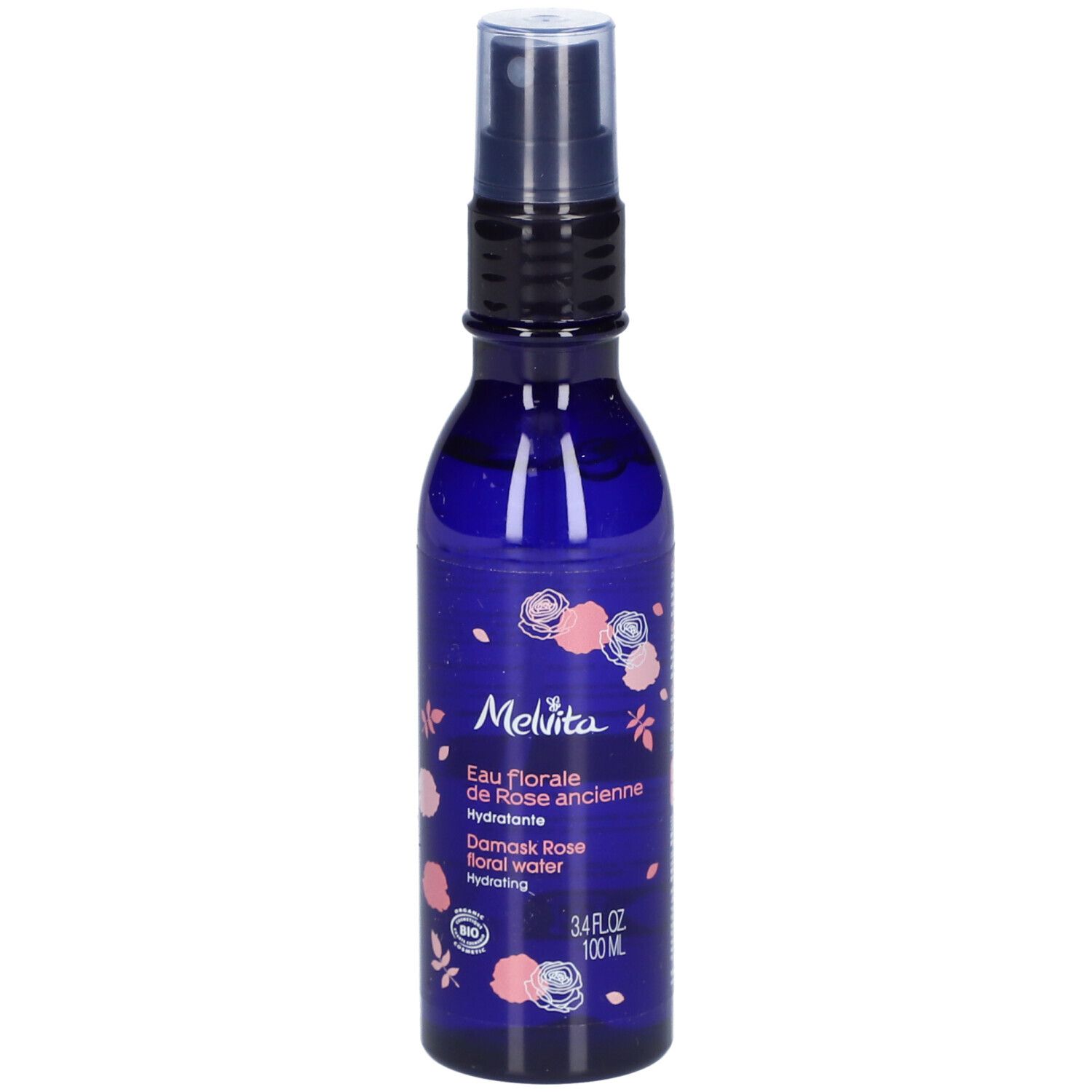 Blauwe fles met verstuiver. Opschrift: Melvita, Eau florale de Rose ancienne, Damask Rose floral water. 3.4 fl oz 100 ml.