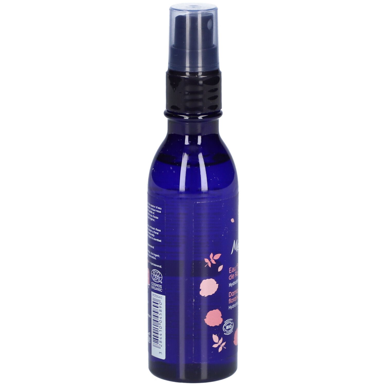 Blauwe fles met verstuiver. Tekst en logo op de zijkant. Opschrift: Melvita, Eau florale de Rose ancienne, Damask Rose floral water.