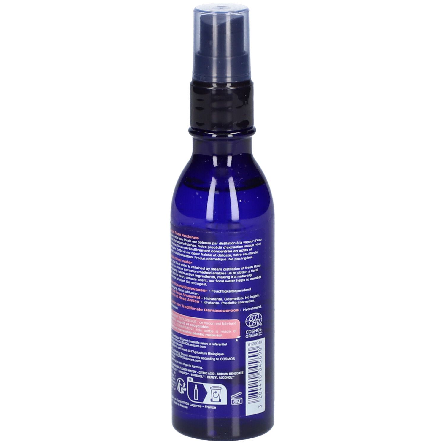 Blauwe fles met verstuiver. Achterkant met tekst. Opschrift: Melvita, Eau florale de Rose ancienne, Damask Rose floral water. Bio-certificering.