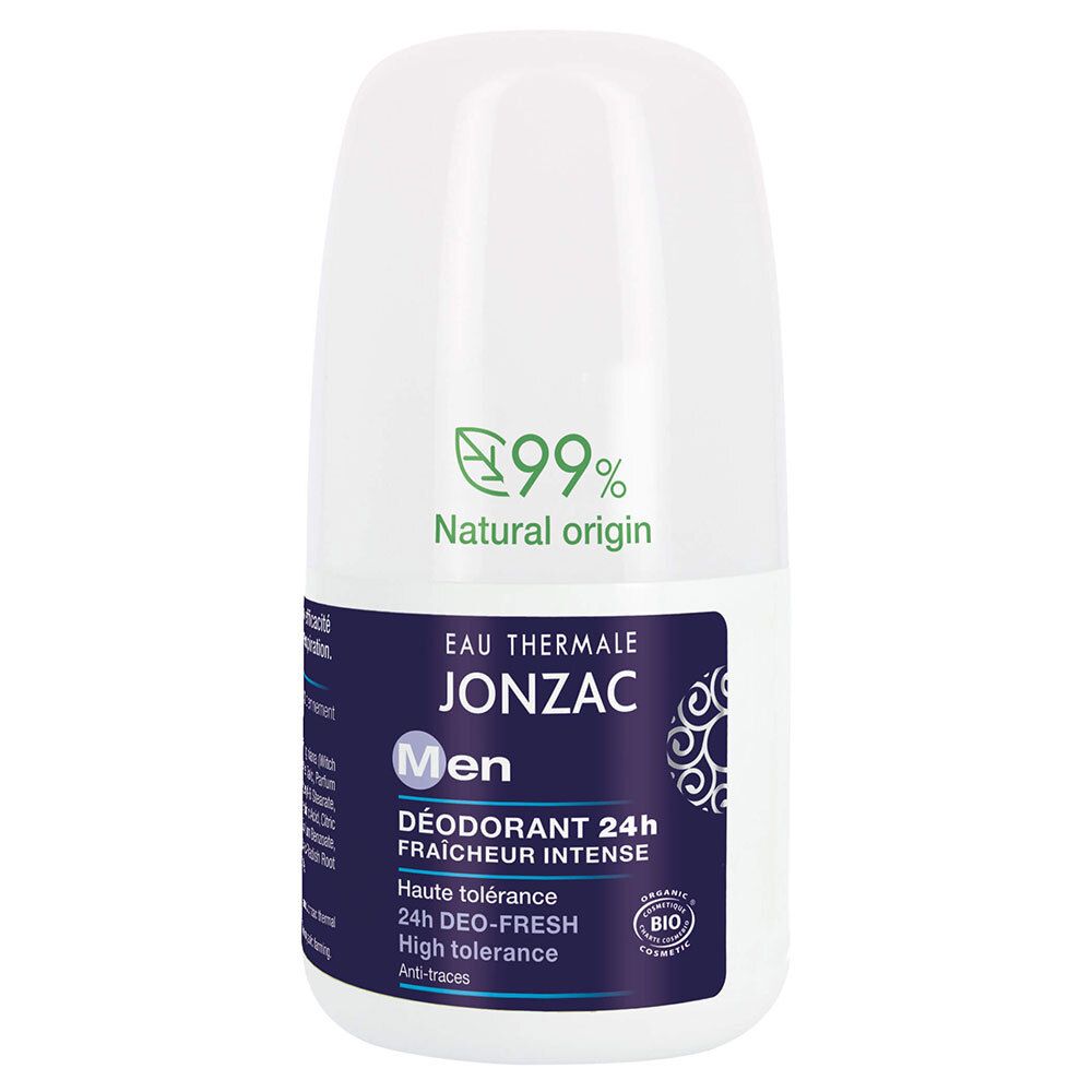 Déodorant roll-on blanc pour hommes. Inscription: EAU THERMALE JONZAC, Men, 24h Deo-Fresh, 99% d'origine naturelle.