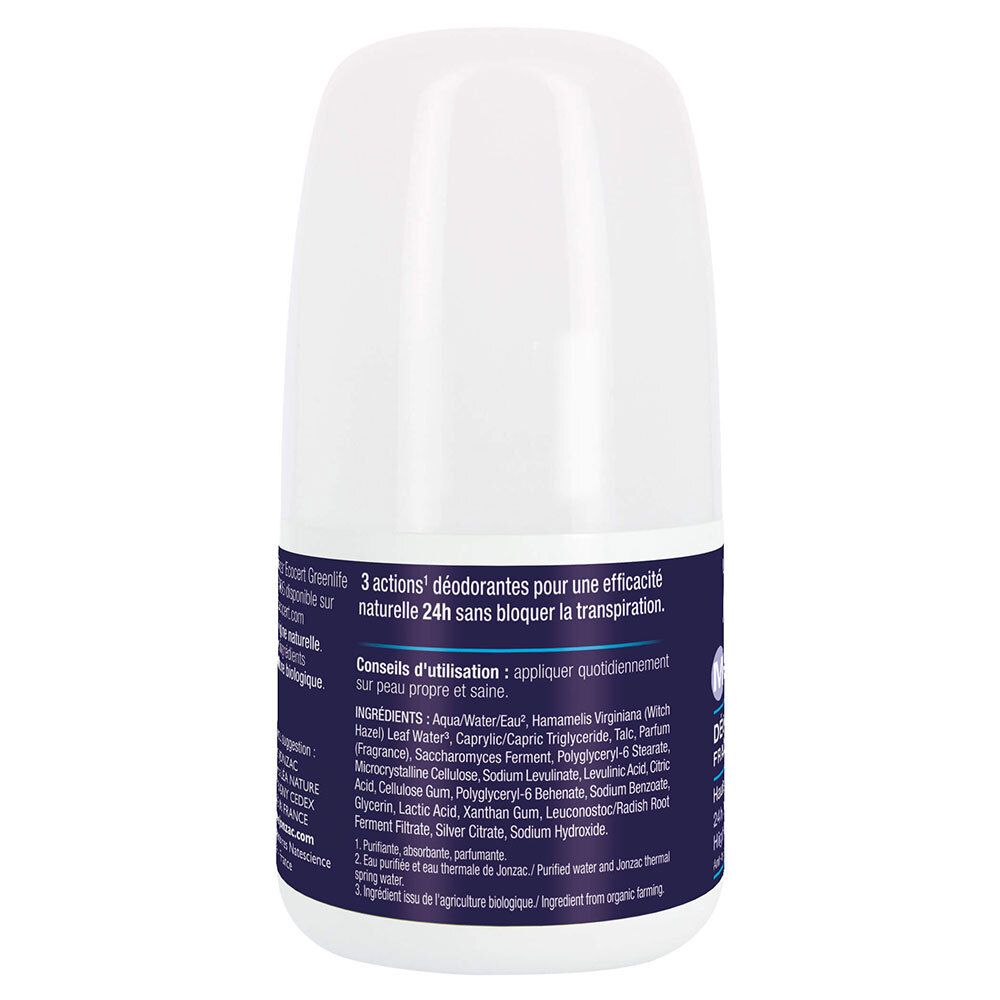 Dos du déodorant roll-on blanc. Texte: 3 actions, conseils d'utilisation, ingrédients, efficacité 24h, sans transpiration.