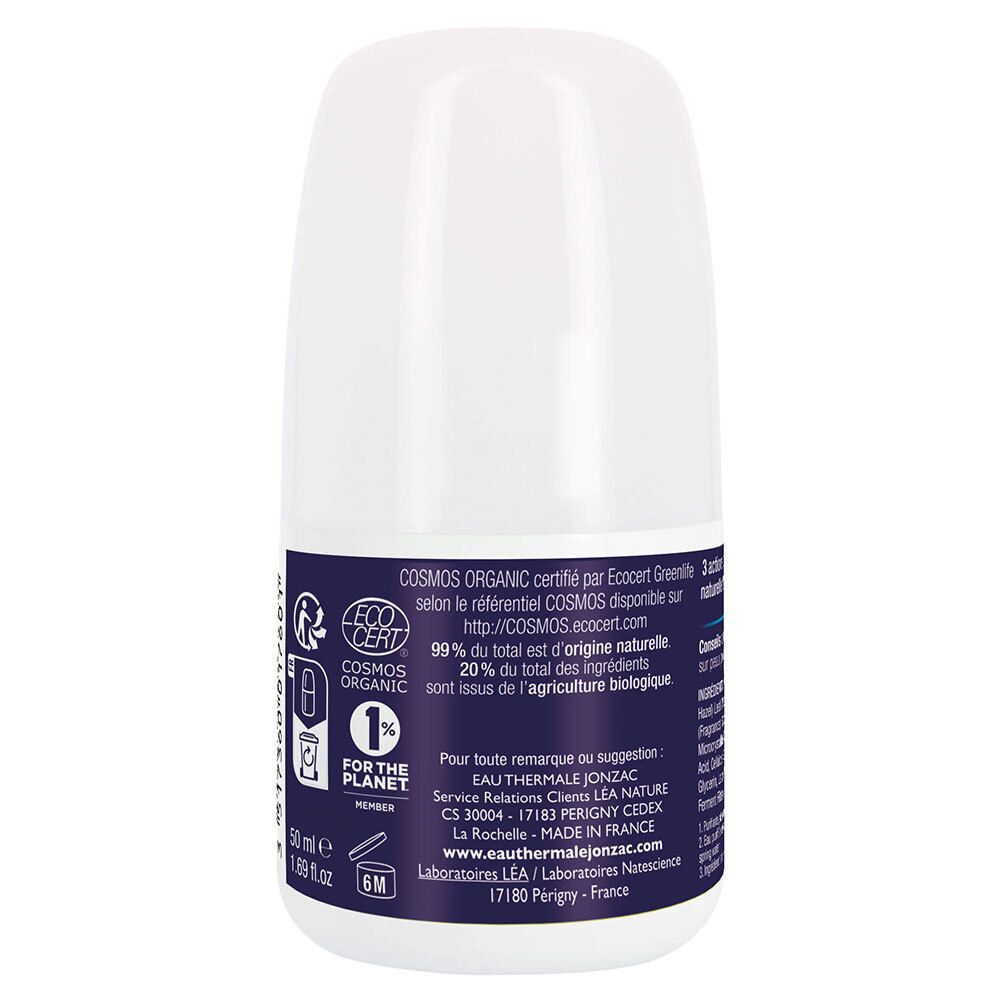 Dos du déodorant roll-on blanc. Texte: COSMOS ORGANIC, 99% origine naturelle, 20% ingrédients bio, 50ml, 6M.