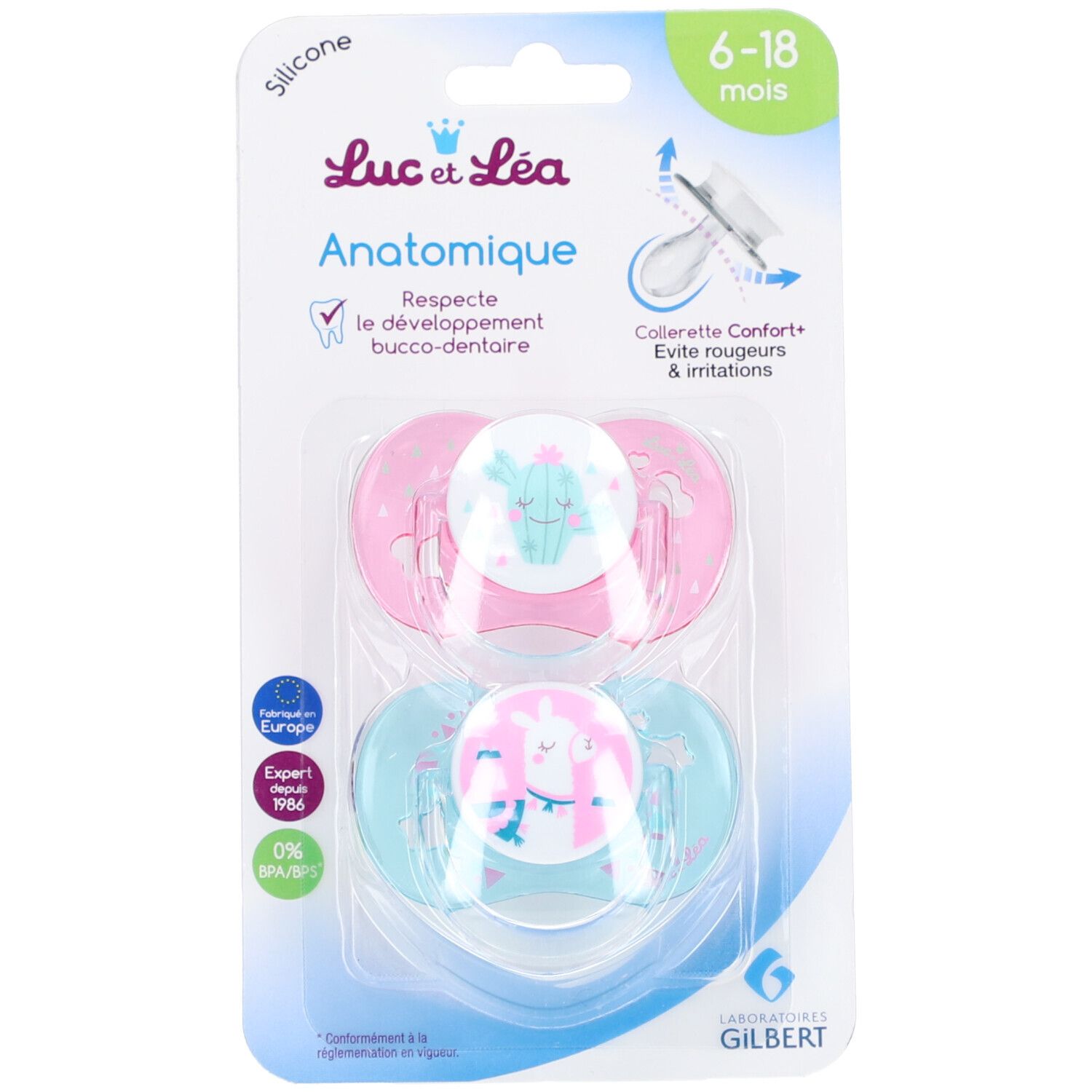 Twee anatomische fopspenen 6-18 maanden in blisterverpakking. Roze en blauw, met dieren. Merk en details zichtbaar.