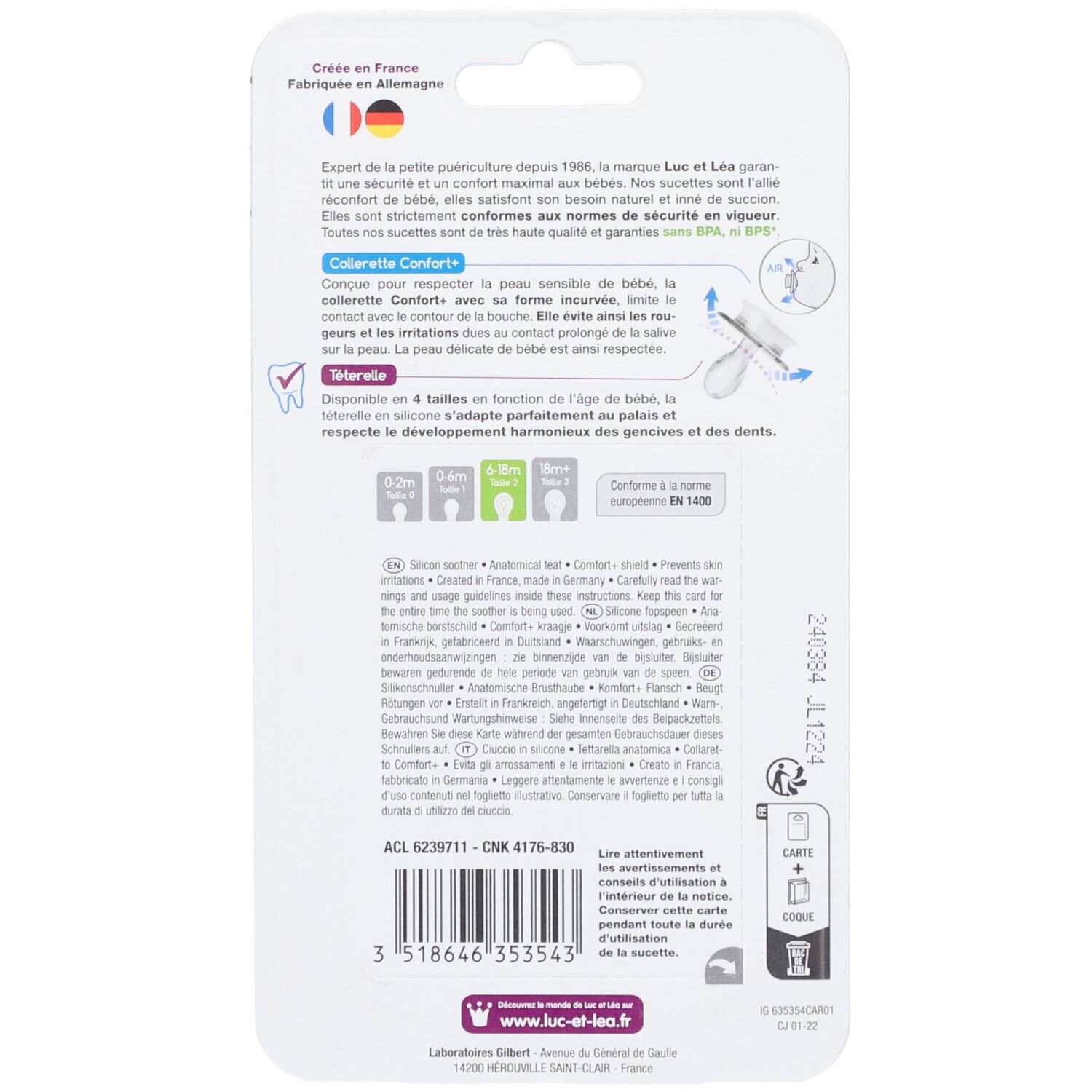 Achterkant van de verpakking. Meertalige tekst. Anatomische vorm, merkdetails en certificeringen.