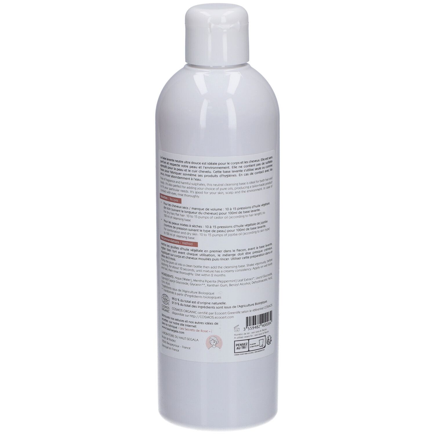 Flacon blanc à bouchon rabattable. Dos avec texte et certifications. Certification bio.