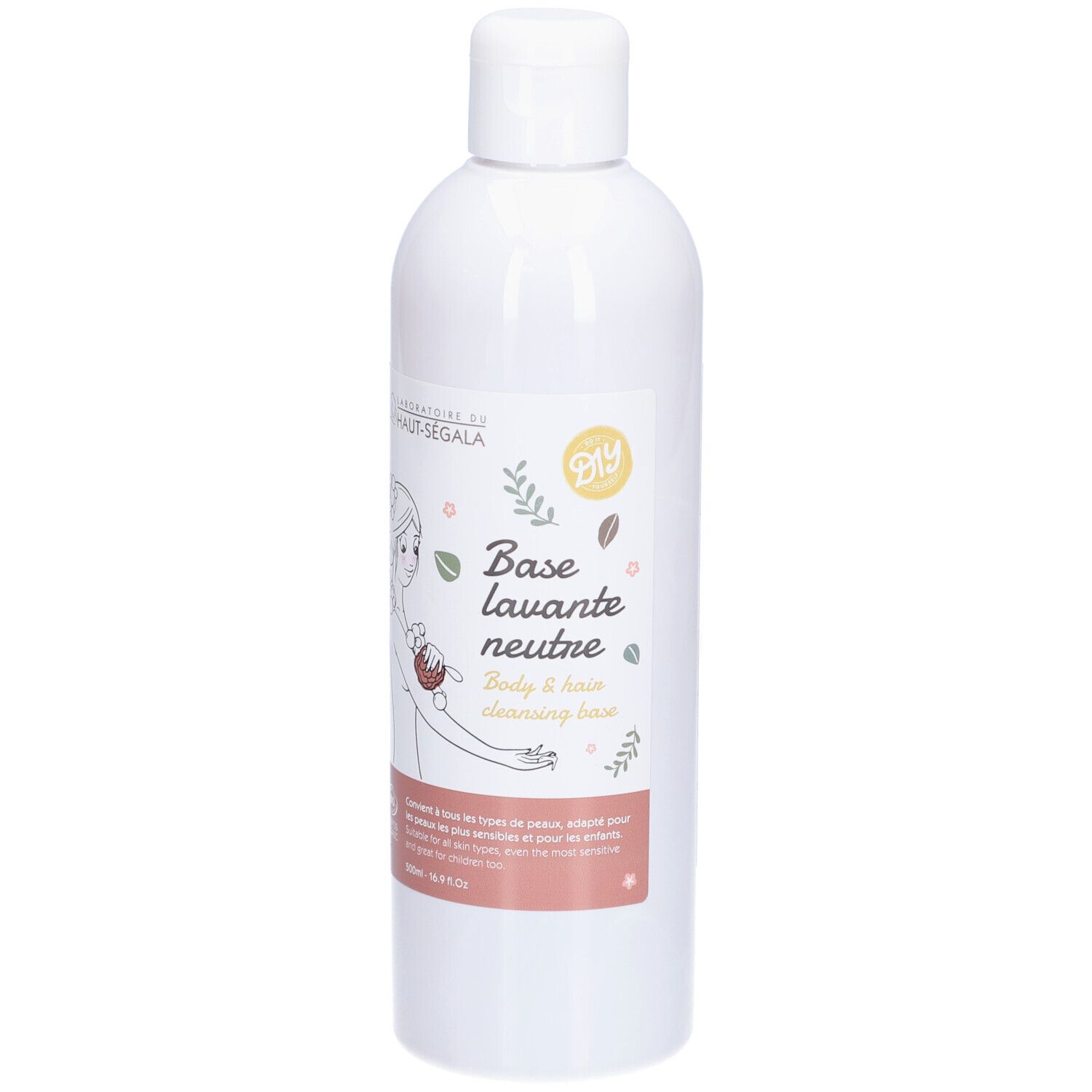 Flacon blanc à bouchon rabattable. Étiquette avec illustration de femme, texte: Base lavante neutre. Certification bio.