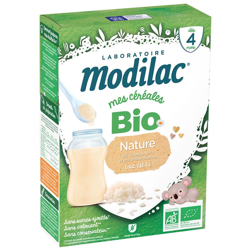 Groene doos Modilac Mes Céréales Bio Nature. Afbeelding met fles, granen en koala. Bio-labels.