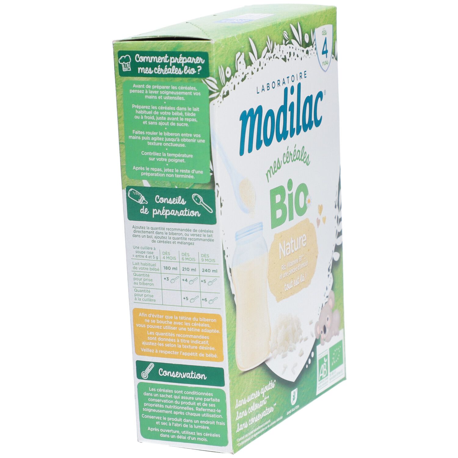 Zijkant verpakking Modilac Mes Céréales Bio Nature. Tekst over bereiding en bewaring. Groen en wit.