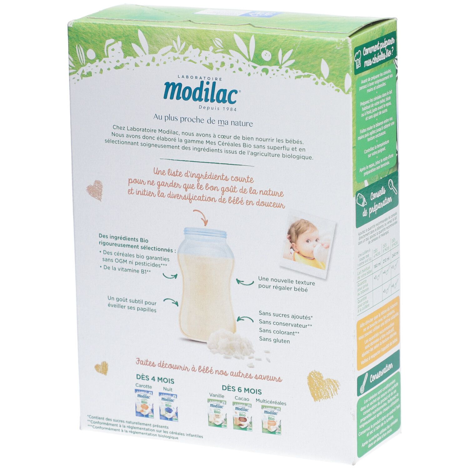 Achterkant verpakking Modilac Mes Céréales Bio Nature. Tekst over ingrediënten en voordelen. Groen en wit.