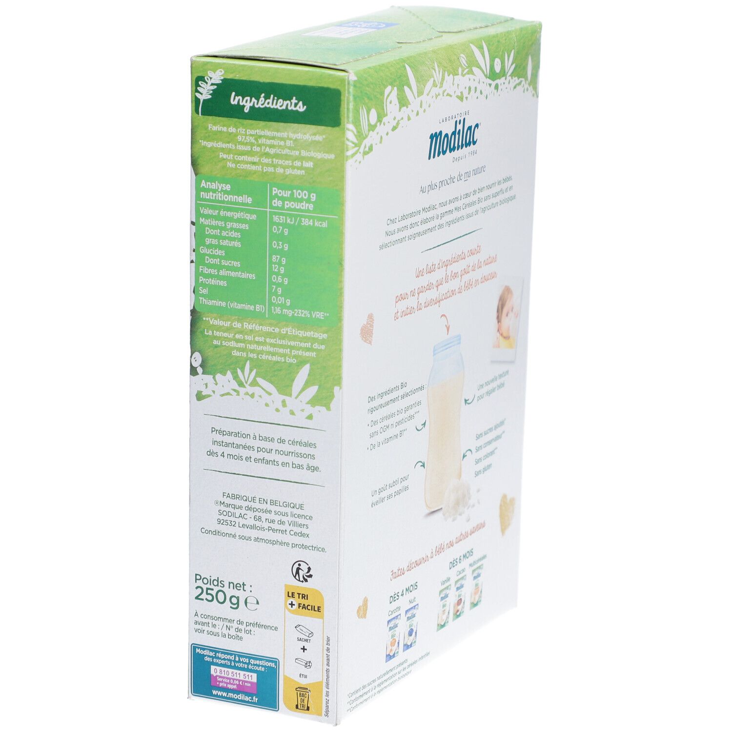 Zijkant verpakking Modilac Mes Céréales Bio Nature met voedingswaarde. Groen en wit.