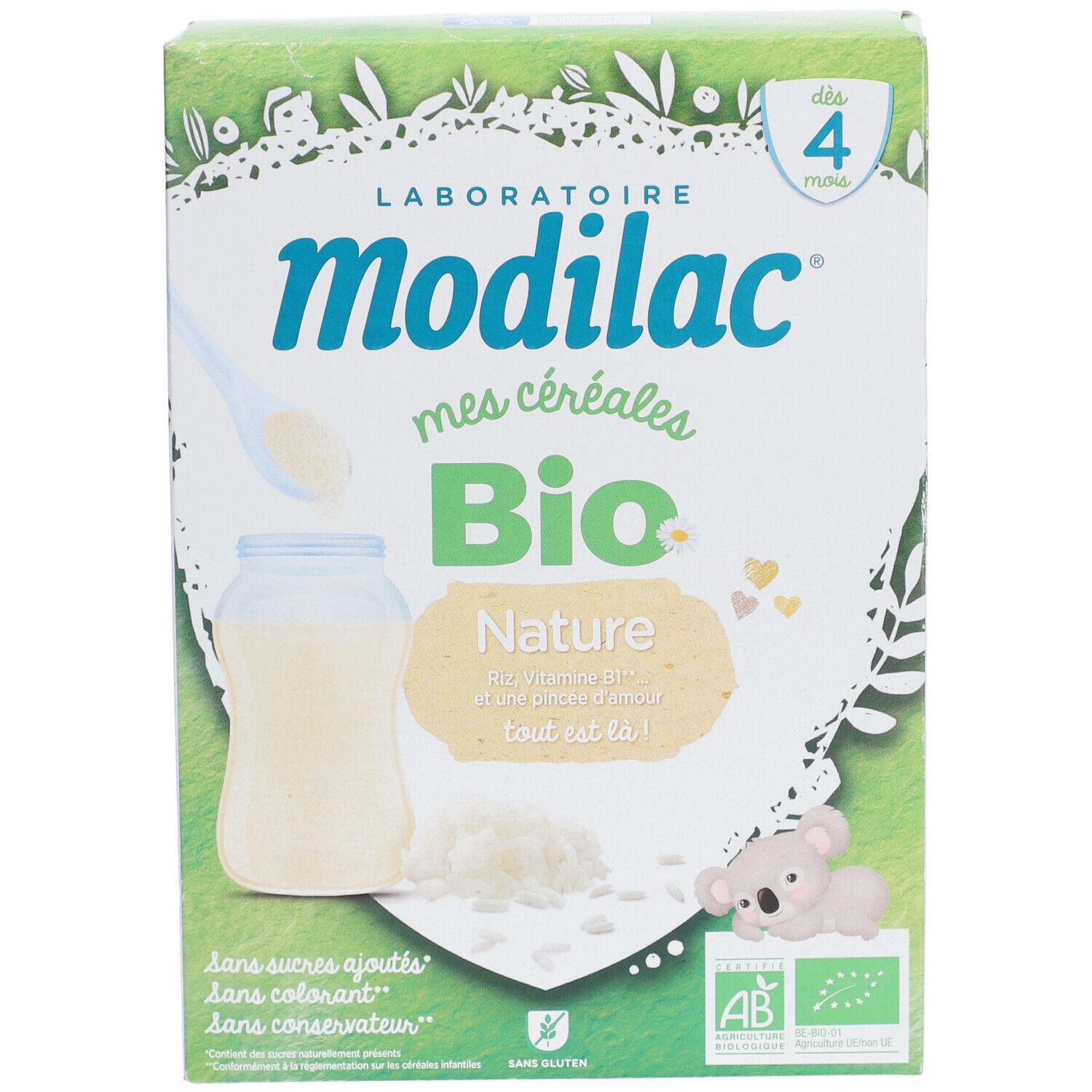 Verpakking Modilac Mes Céréales Bio Nature. Groen-wit, met productafbeelding en tekst. Vanaf 4 maanden.