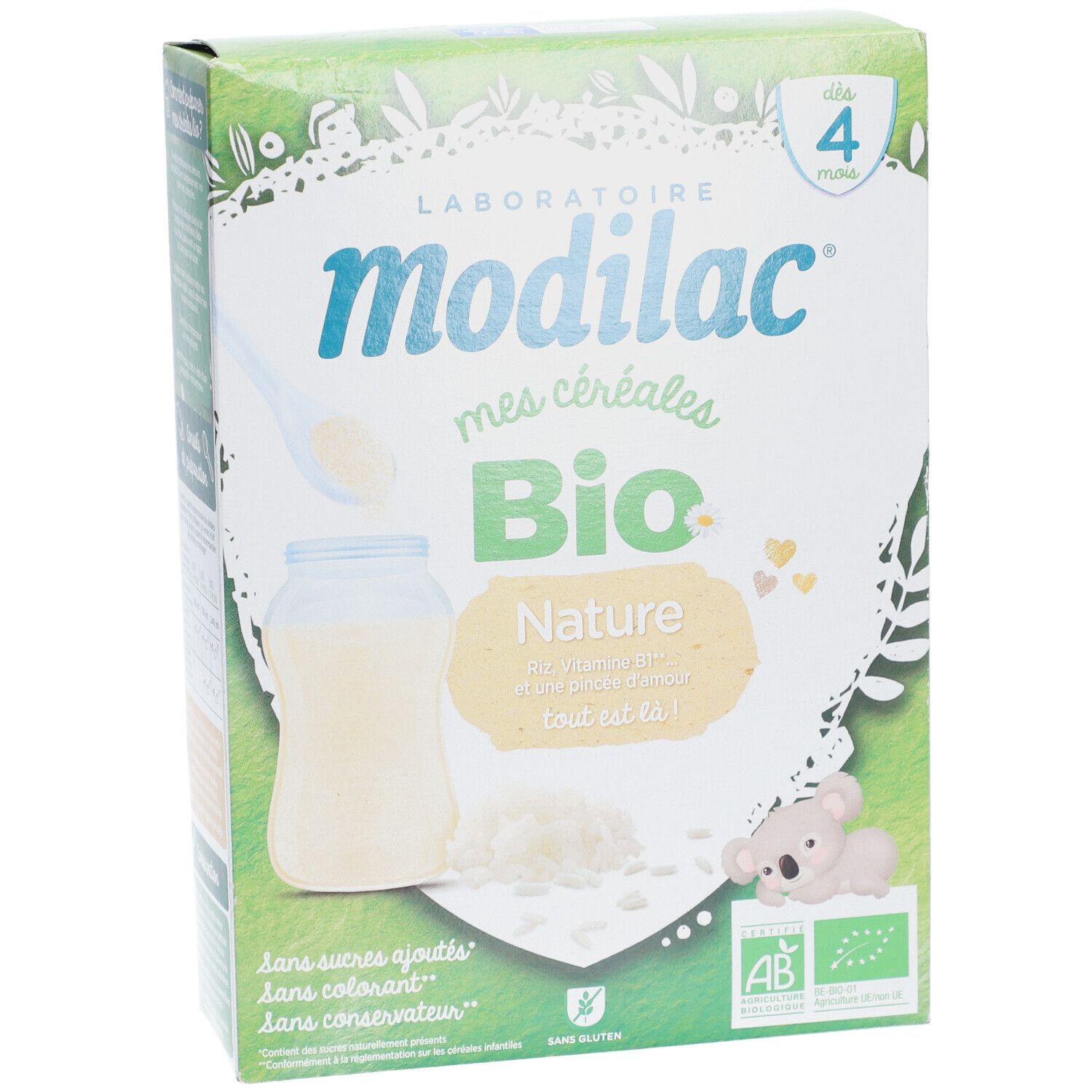 Verpakking Modilac Mes Céréales Bio Nature. Groen-wit, met productafbeelding en tekst. Vanaf 4 maanden.