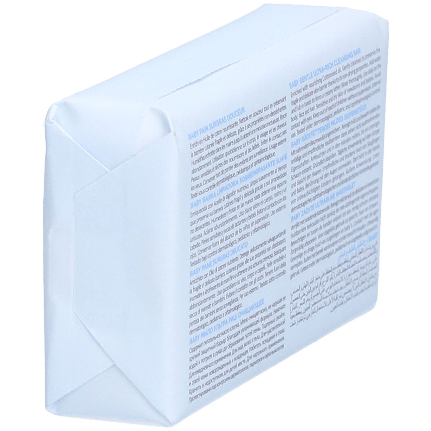 Dos d'un pain surgras douceur emballé. Texte multilingue. Baby Gentle Ultra-Rich Cleansing Bar.