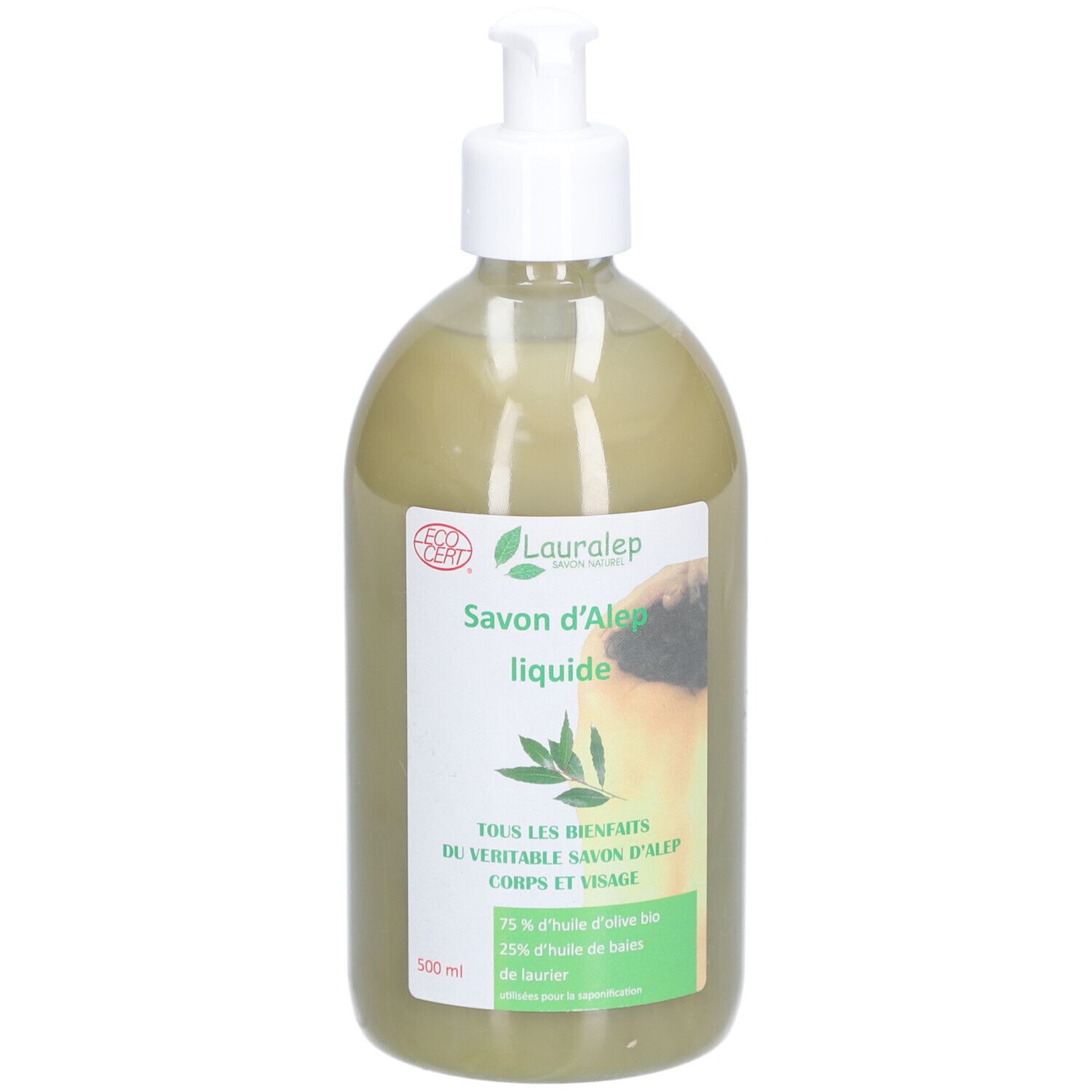 Groene vloeibare zeep in fles met pomp. Opschrift: Savon d'Alep liquide. Met Ecocert-label.