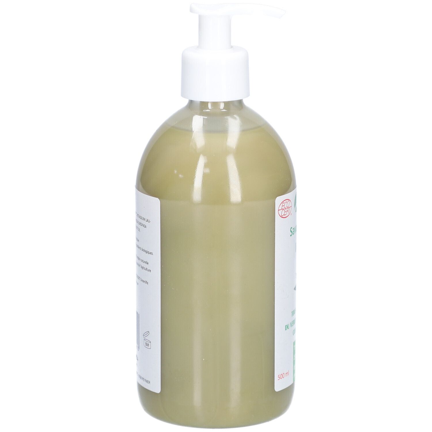 Groene vloeibare zeep in fles met pomp. Achteraanzicht met etiket.
