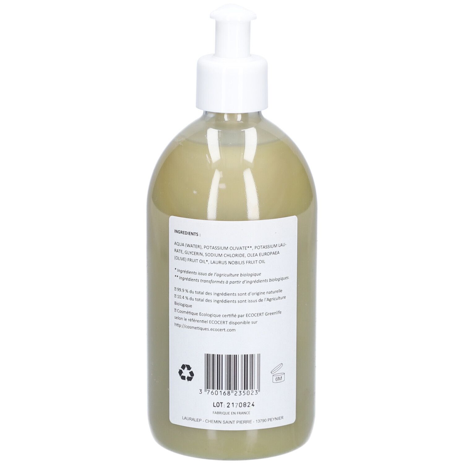 Achteraanzicht van een fles vloeibare zeep. Op het etiket staan ingrediënten en een barcode.