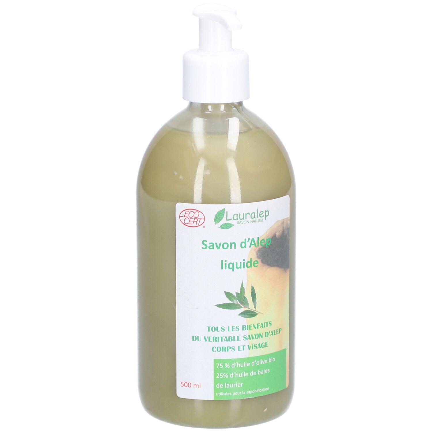 Groene vloeibare zeep in fles met pomp. Opschrift: Savon d'Alep liquide. Met Ecocert-label.