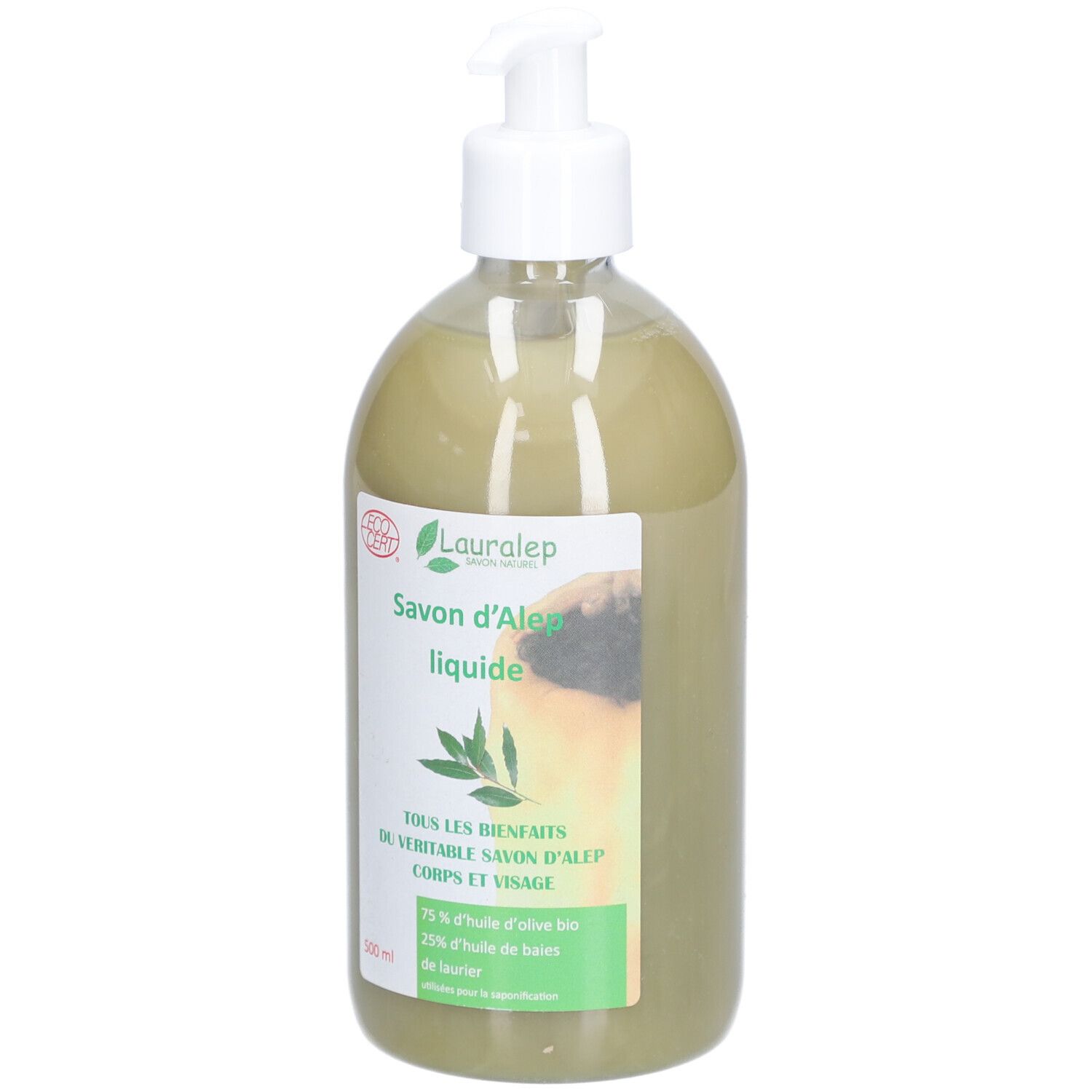 Groene vloeibare zeep in fles met pomp. Opschrift: Savon d'Alep liquide. Met Ecocert-label.