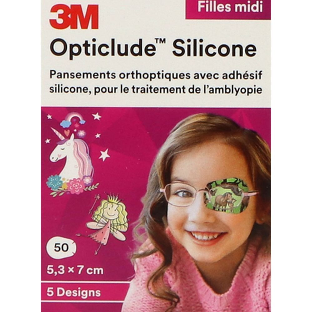 3M Opticlude Silicone pleisters. 5,3 x 7,0 cm. 50 stuks. Meisjesontwerp. Afbeelding van een meisje met een pleister.