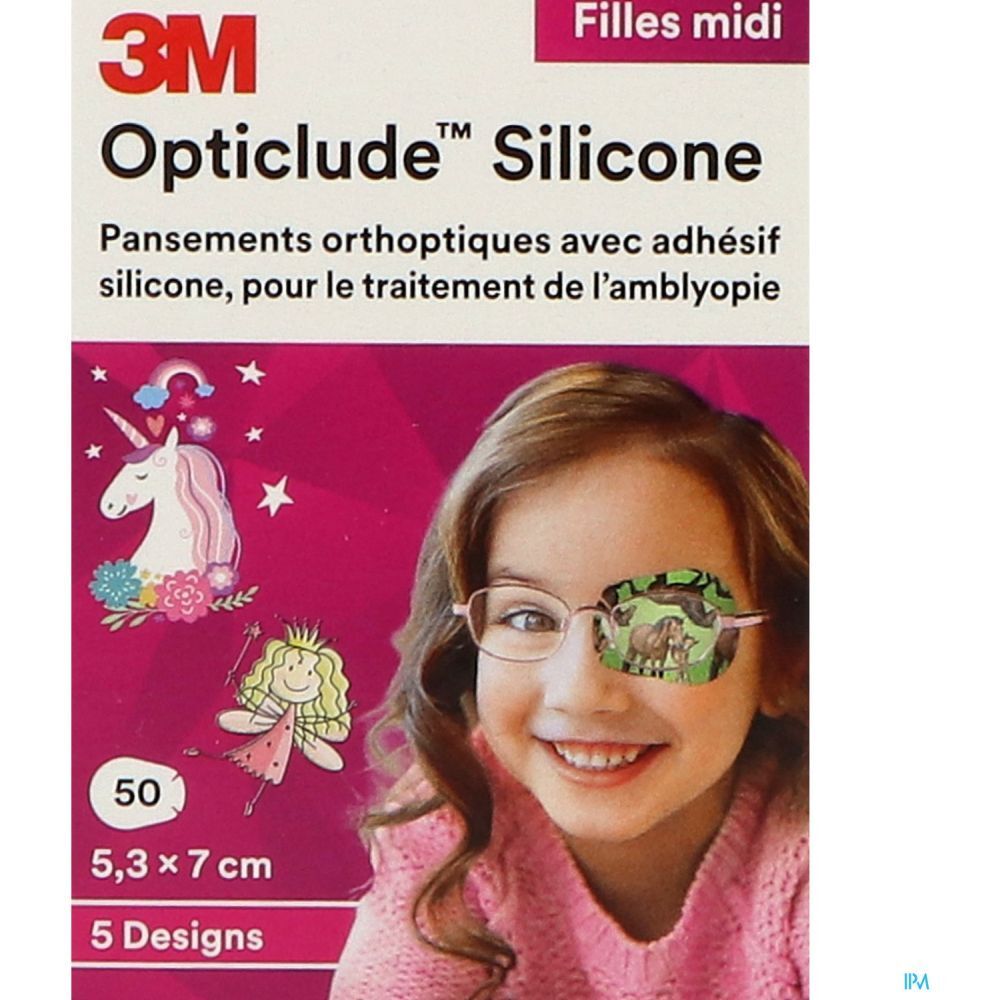 3M Opticlude Silicone pleisters. 5,3 x 7,0 cm. 50 stuks. Meisjesontwerp. Afbeelding van een meisje met een pleister.