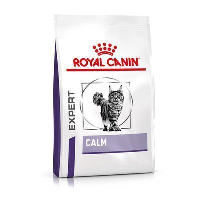 Verpakking met logo en productnaam. Afbeelding van een kat. Tekst: EXPERT, CALM. Merk: ROYAL CANIN.