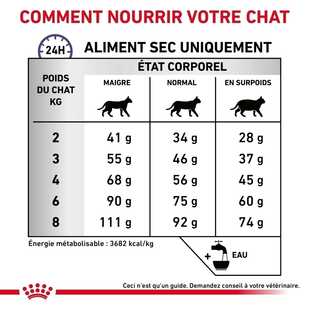 Guide d'alimentation pour chats : nourriture sèche uniquement, tableau par poids et condition corporelle.