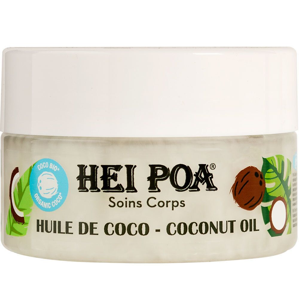 Pot de crème avec couvercle blanc. Inscription: HEI POA, Huile de Coco, Coco Bio. Illustrations de noix de coco et de feuilles.