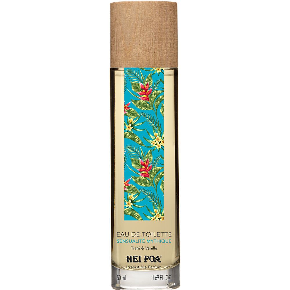 Cilindrische fles met houten dop. Etiket met bloemmotief en productnaam. Heldere inhoud. Merk: HEI POA®.