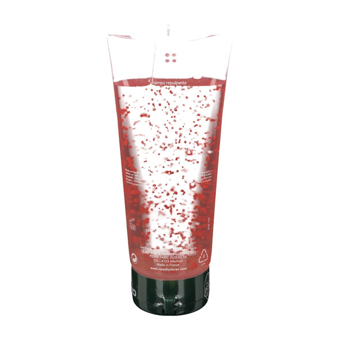 Tube transparent avec liquide rouge et billes rouges. Bouchon vert. Texte: 200 ml 6.7 FL OZ.