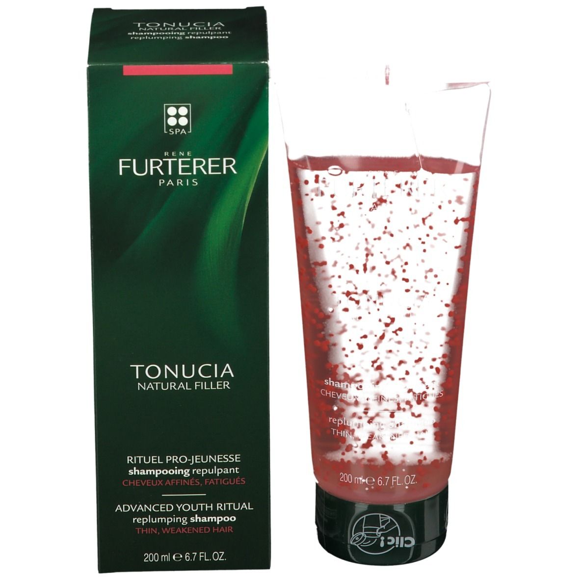 Tube et boîte côte à côte. Tube: liquide rouge avec billes. Boîte: verte, texte TONUCIA.