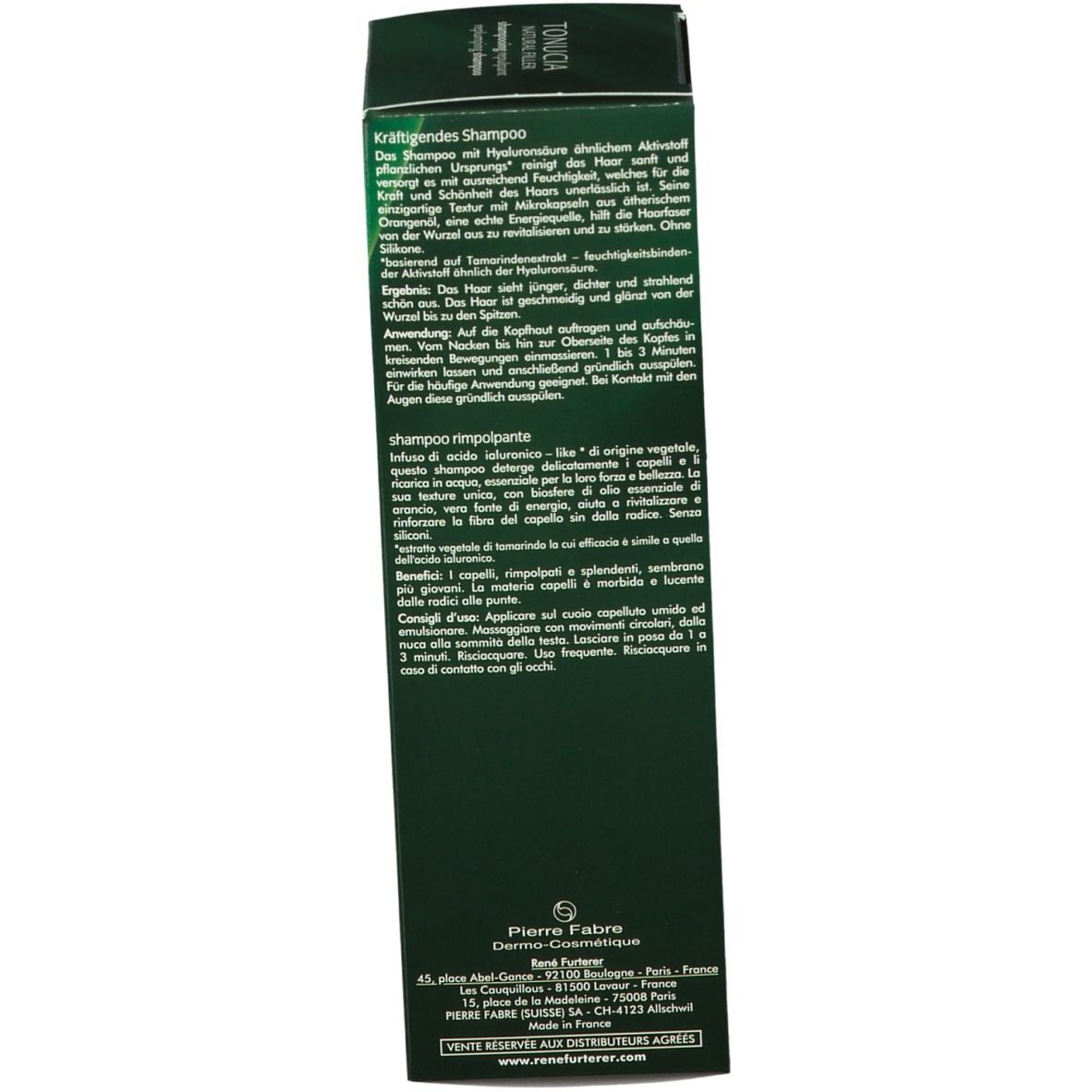 Dos de la boîte. Texte en allemand: shampooing fortifiant. Conseils d'utilisation. Pierre Fabre Dermo-Cosmétique.