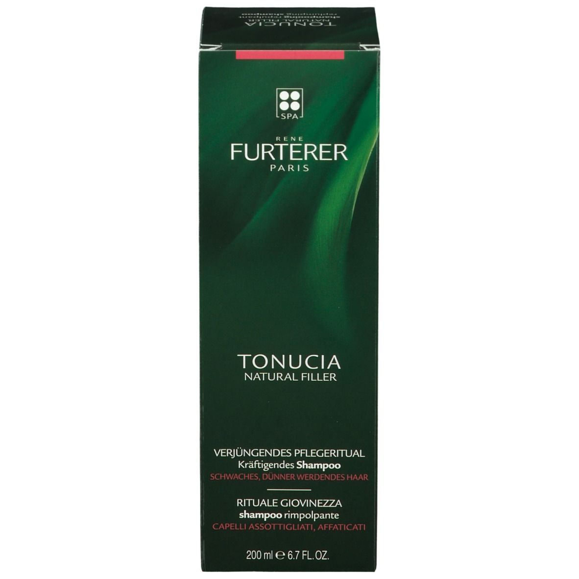 Boîte. Texte: RENE FURTERER PARIS, TONUCIA NATURAL FILLER. 200 ml 6.7 FL OZ.